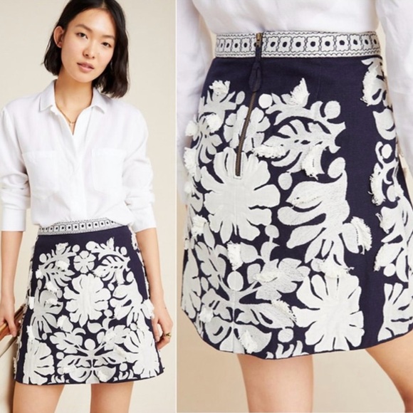 Anthropologie Dresses & Skirts - Anthropologie Maeve Liesl Fringed Mini Skirt Navy White Size 4